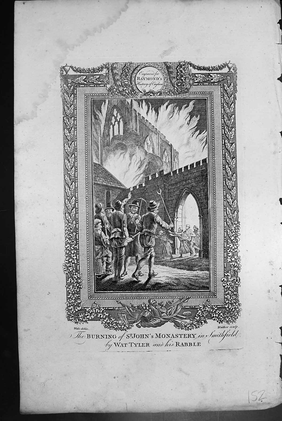 Old Antique Print Burning St Johns Monastery Smithfield Wat Tyler Rabble