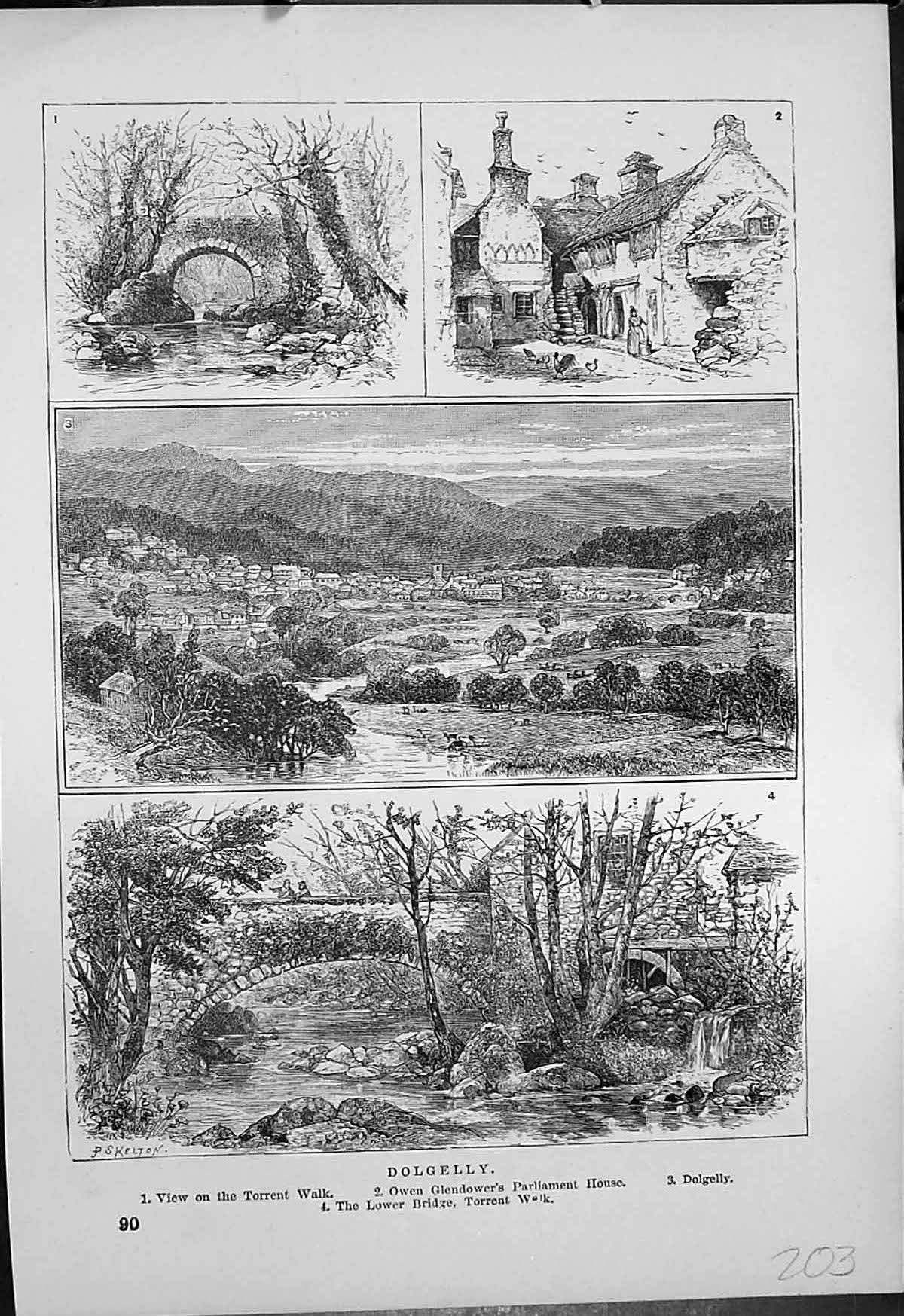 Antique Print Dolgelly Owen Glendowers Parliament House Bridge Torrent Walk