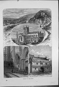 Original Old Antique Print Malvern Abbey Church Abbey Gateway Ivy Scar Rock
