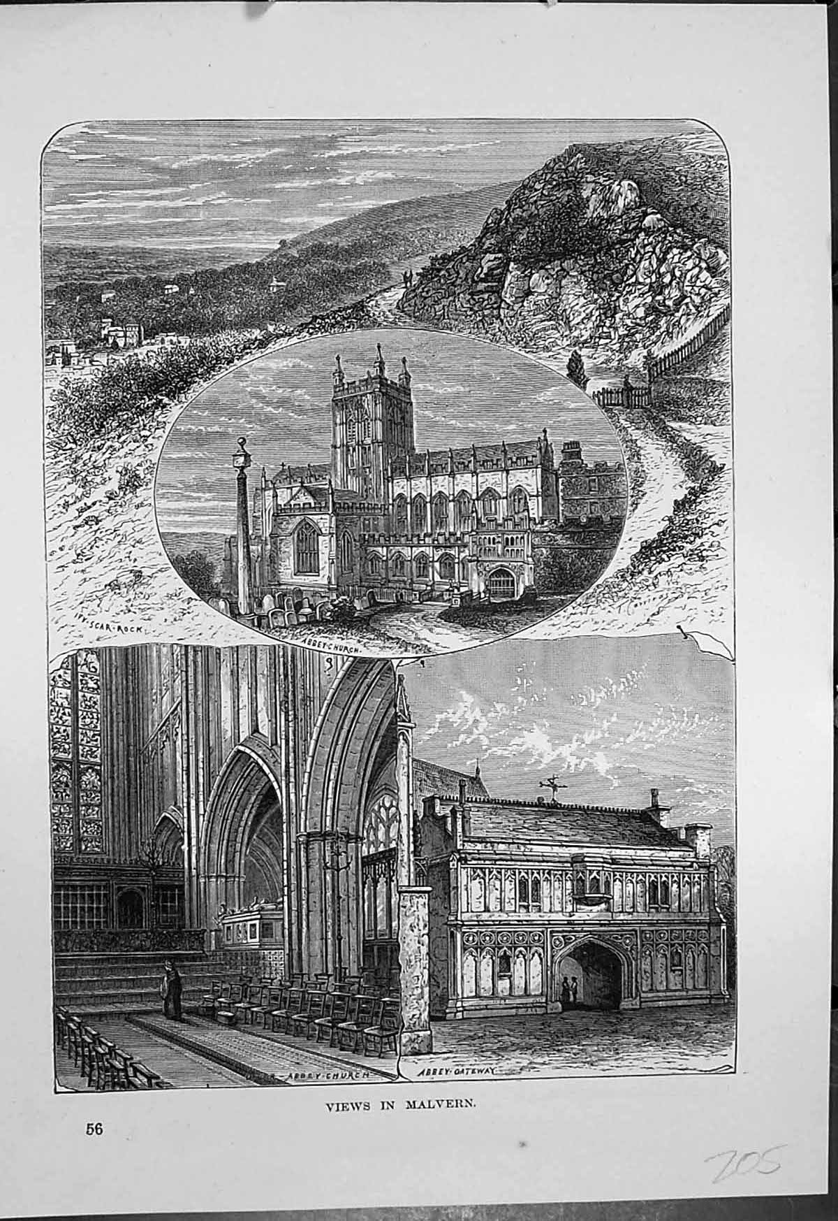 Original Old Antique Print Malvern Abbey Church Abbey Gateway Ivy Scar Rock