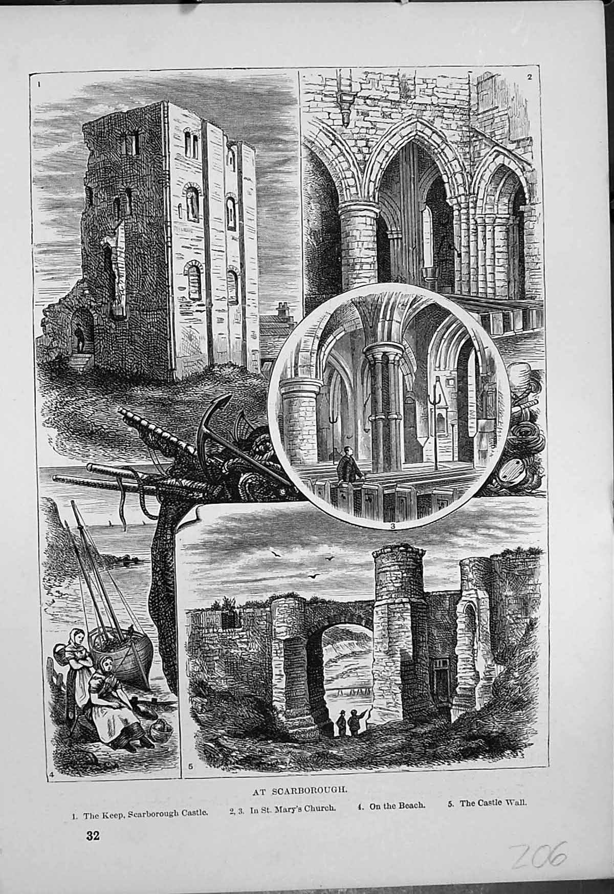 Antique Old Print Scarborough Keep Castle St Marys Church Beach Castle Wall