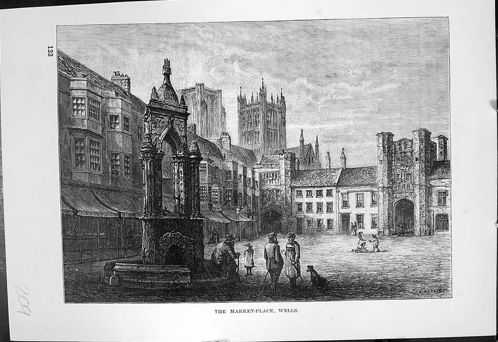 Original Old Antique Print Market Place Wells