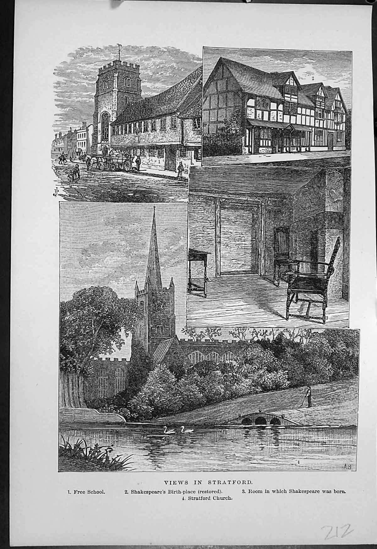 Old Print Stratford Free School Shakespeares Birth Place Stratford Church