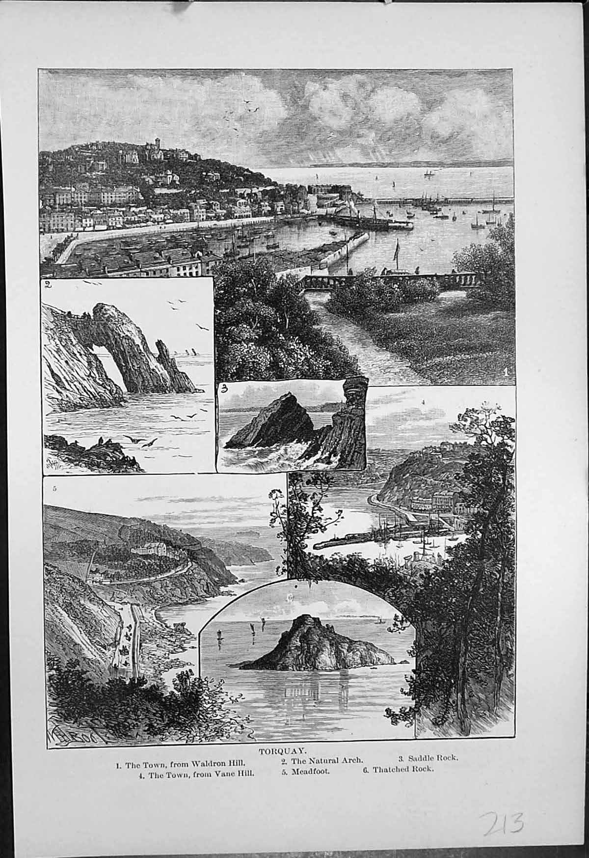 Old Antique Print Torquay Natural Arch Saddle Rock Meadfoot Thatched Rock
