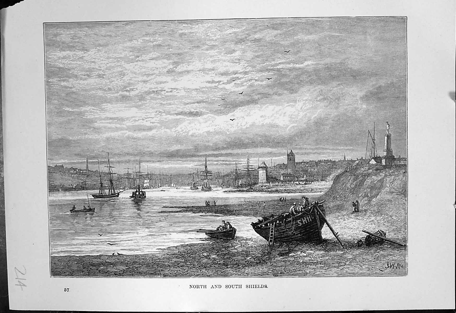 Original Old Antique Print North South Shields