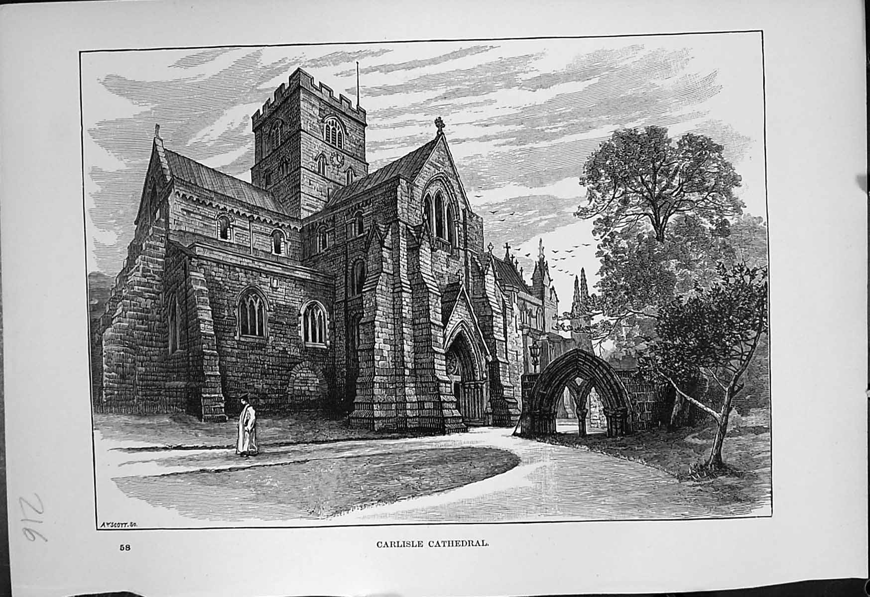 Original Old Antique Print Carlisle Cathedral