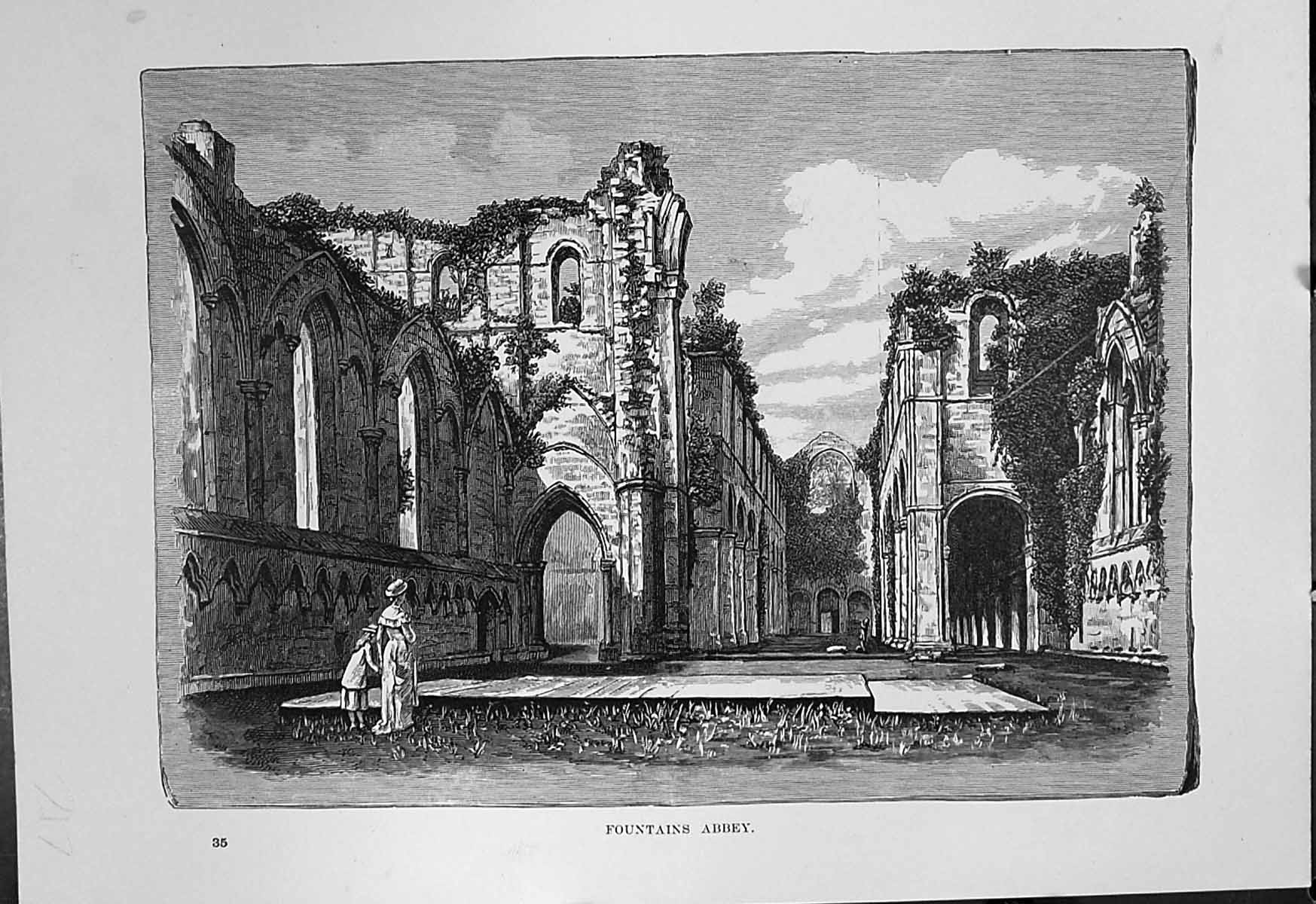 Original Old Antique Print Fountains Abbey