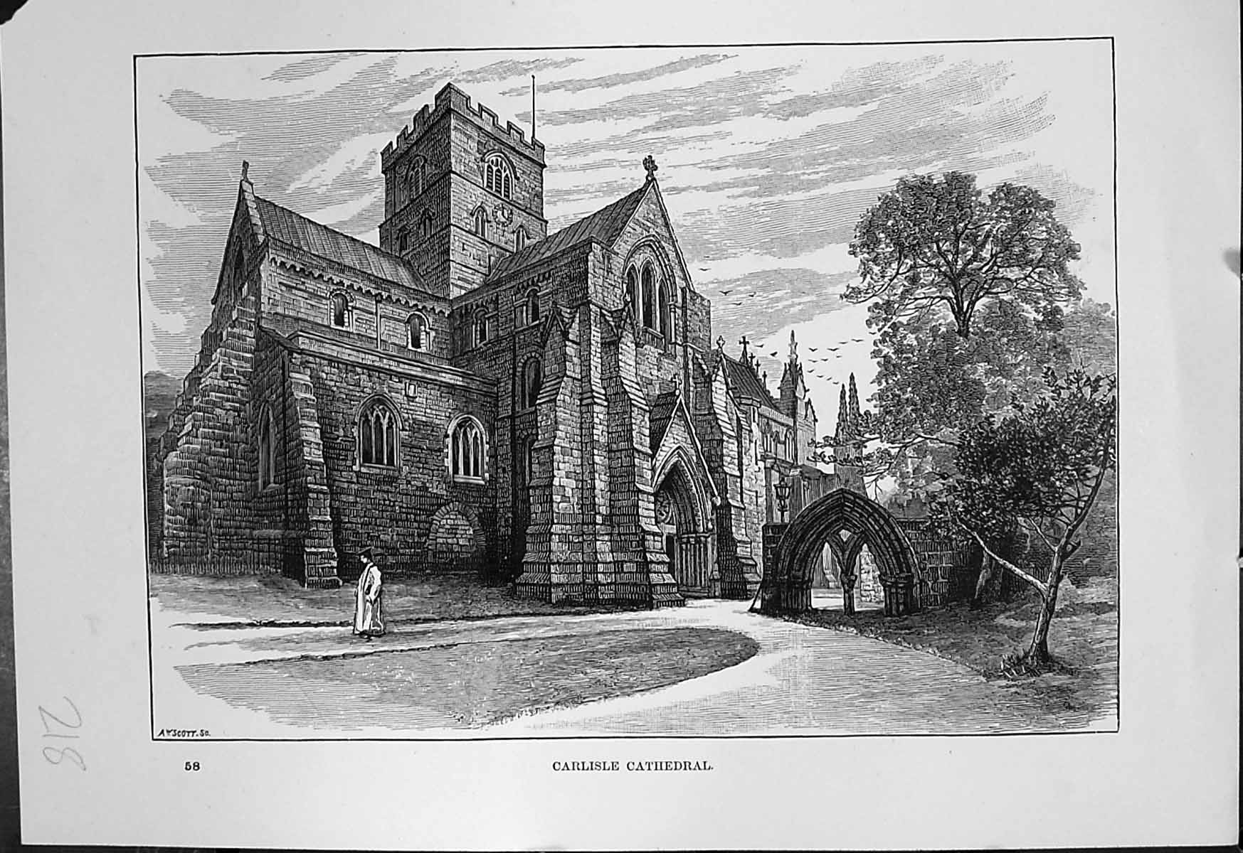 Original Old Antique Print Exterior Carlisle Cathedral A W Scott