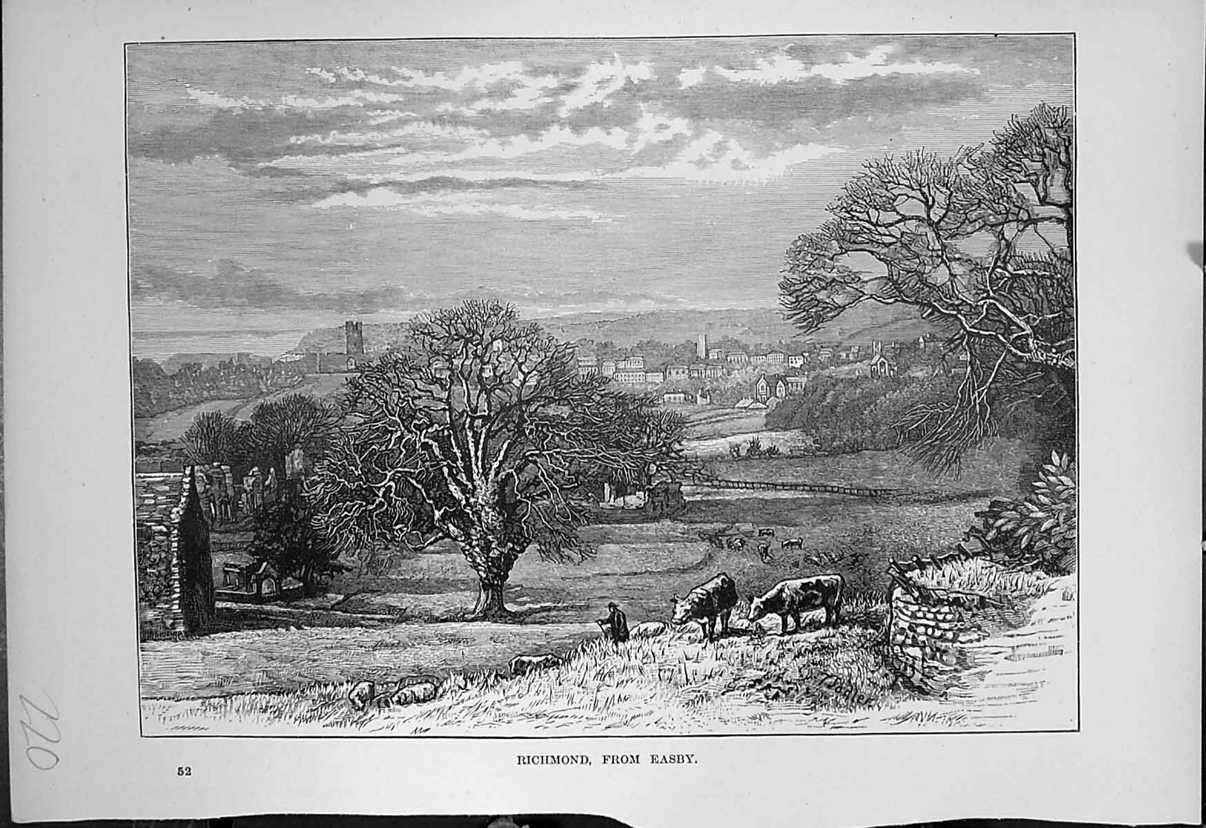 Original Old Antique Print Richmond From Easby