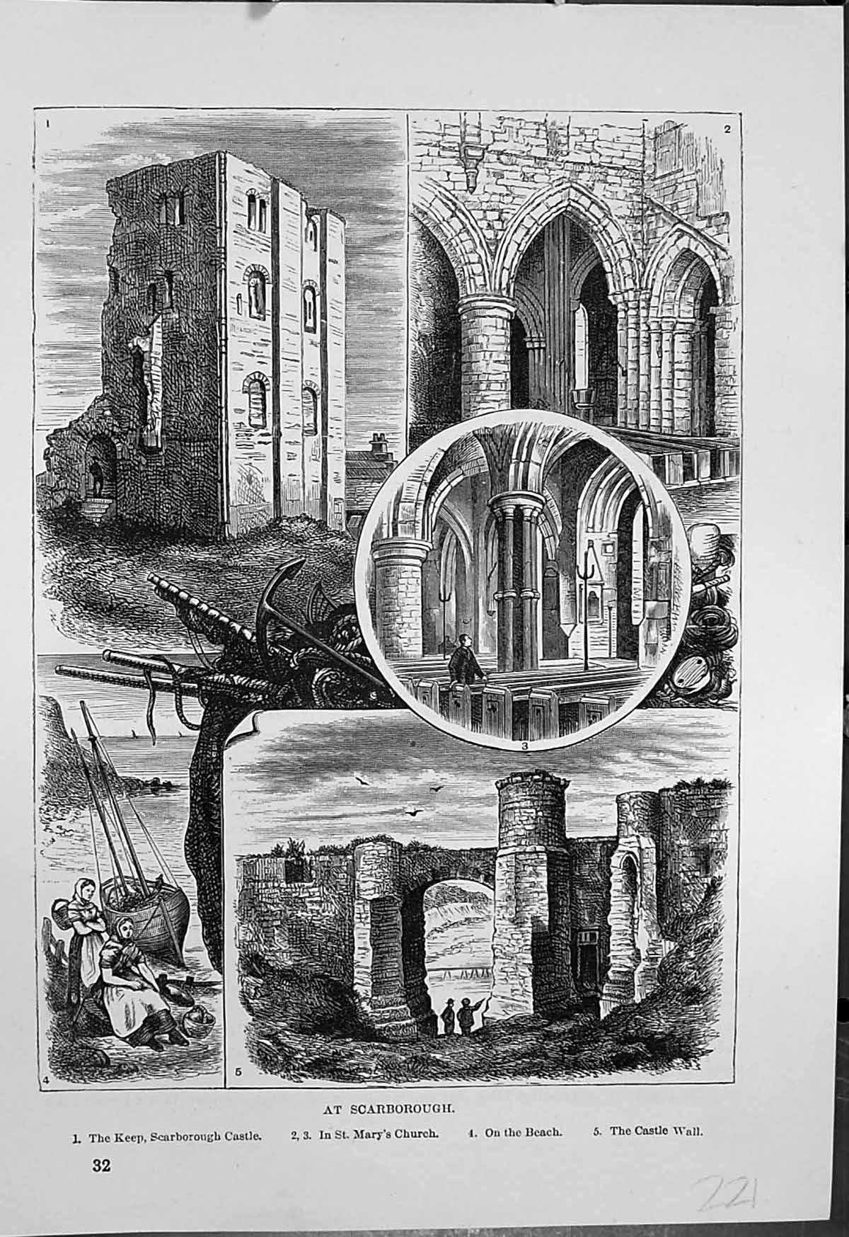 Original Old Antique Print Scarborough Castle Wall Keep St Marys Church Beach