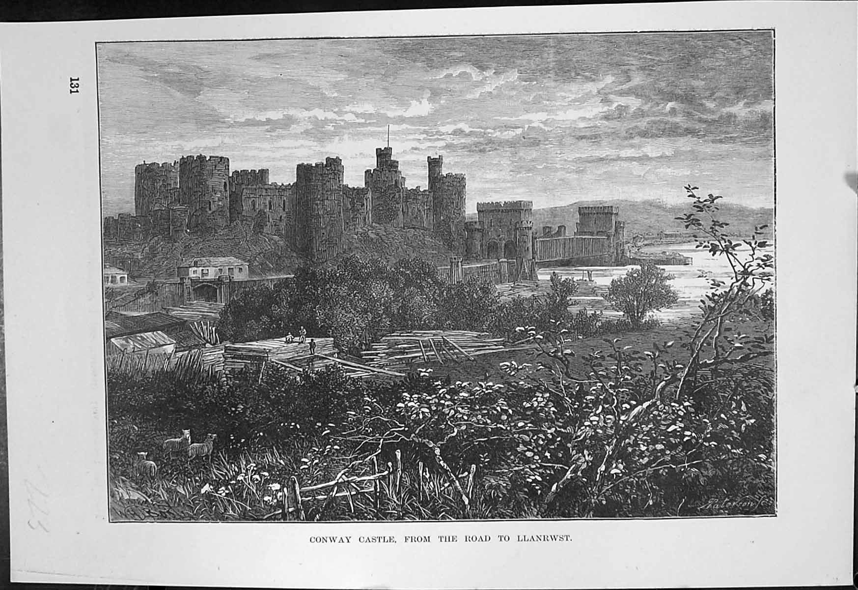 Original Old Antique Print Conway Castle From Road To Llanrwst