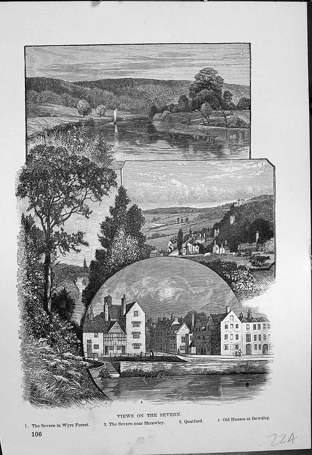 Original Old Antique Print Severn Wyre Forest Shrawley Quatford Houses Bewdley