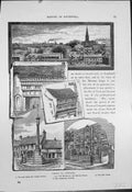 Original Old Antique Print Newark Houses Market Place Cross Grammar School