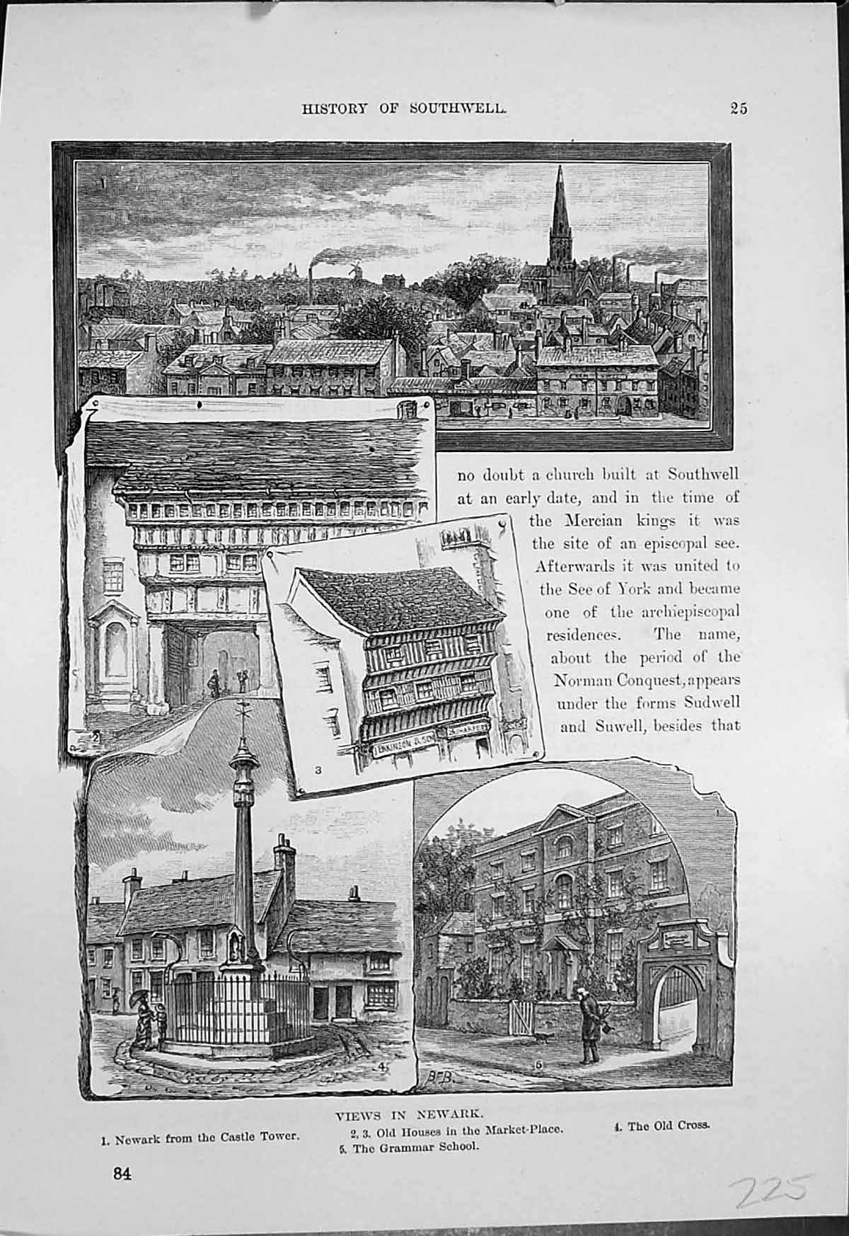 Original Old Antique Print Newark Houses Market Place Cross Grammar School