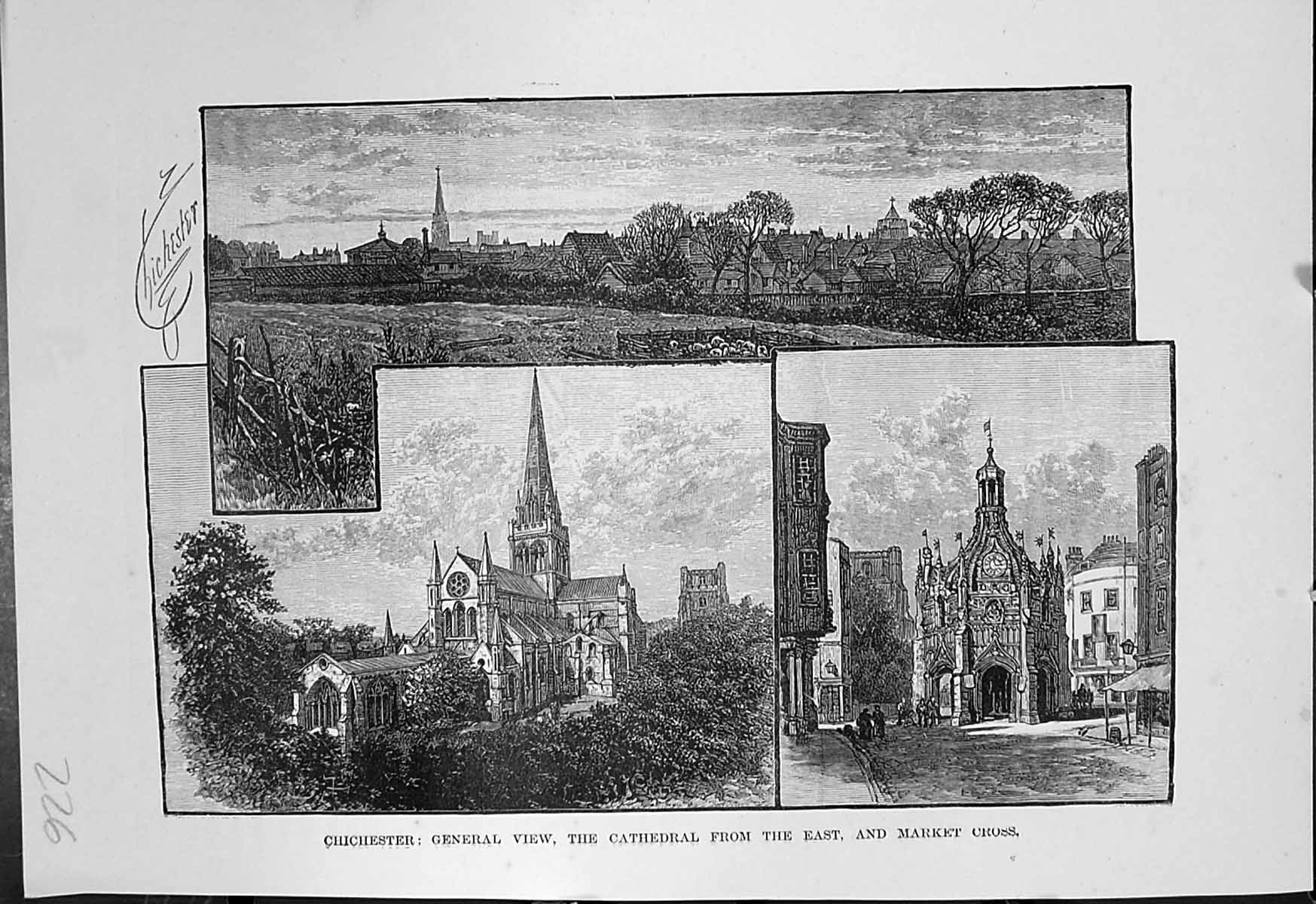 Antique Old Print Chichester General View Cathedral From East Market Cross