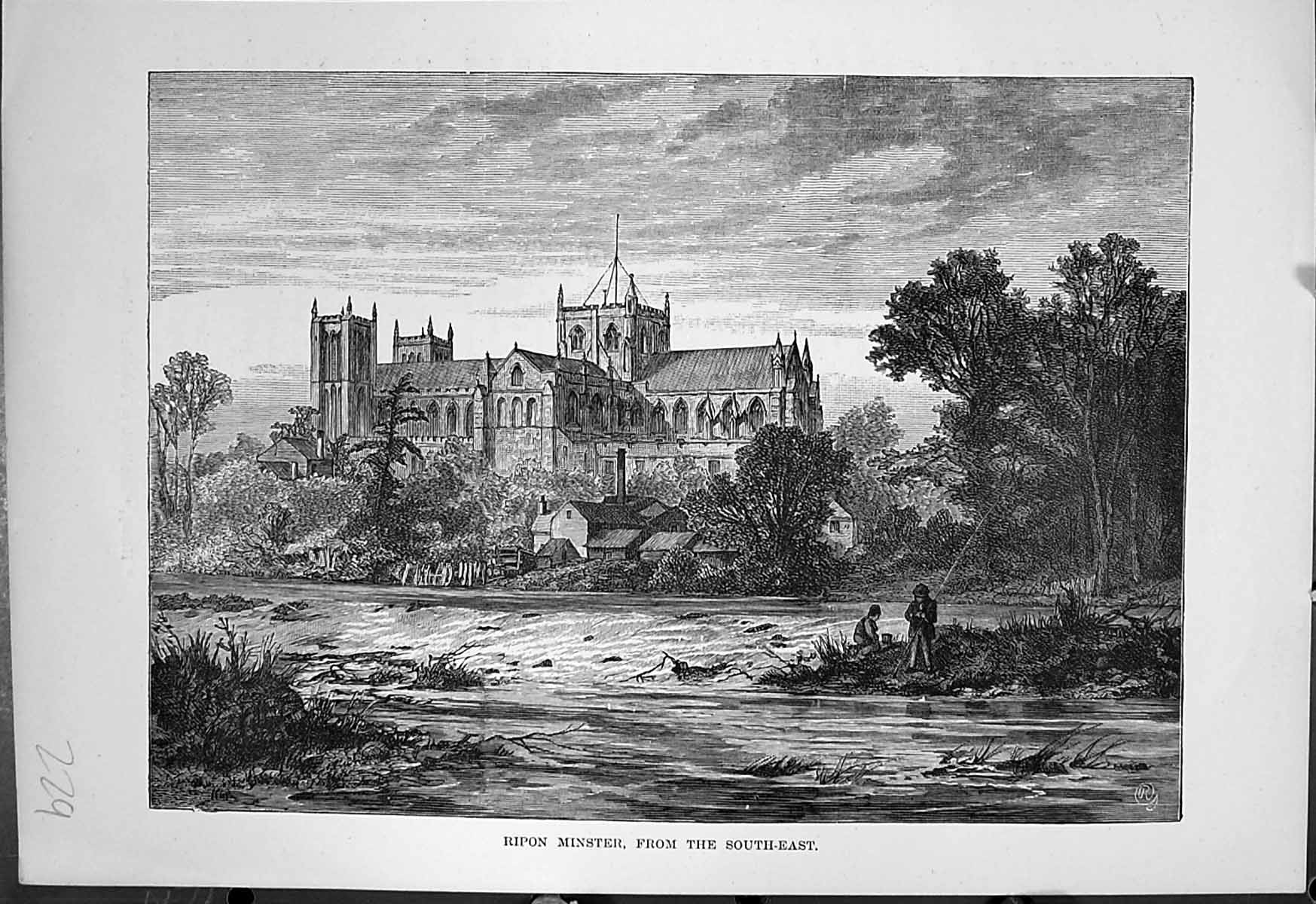 Original Old Antique Print Ripon Minster From South East River