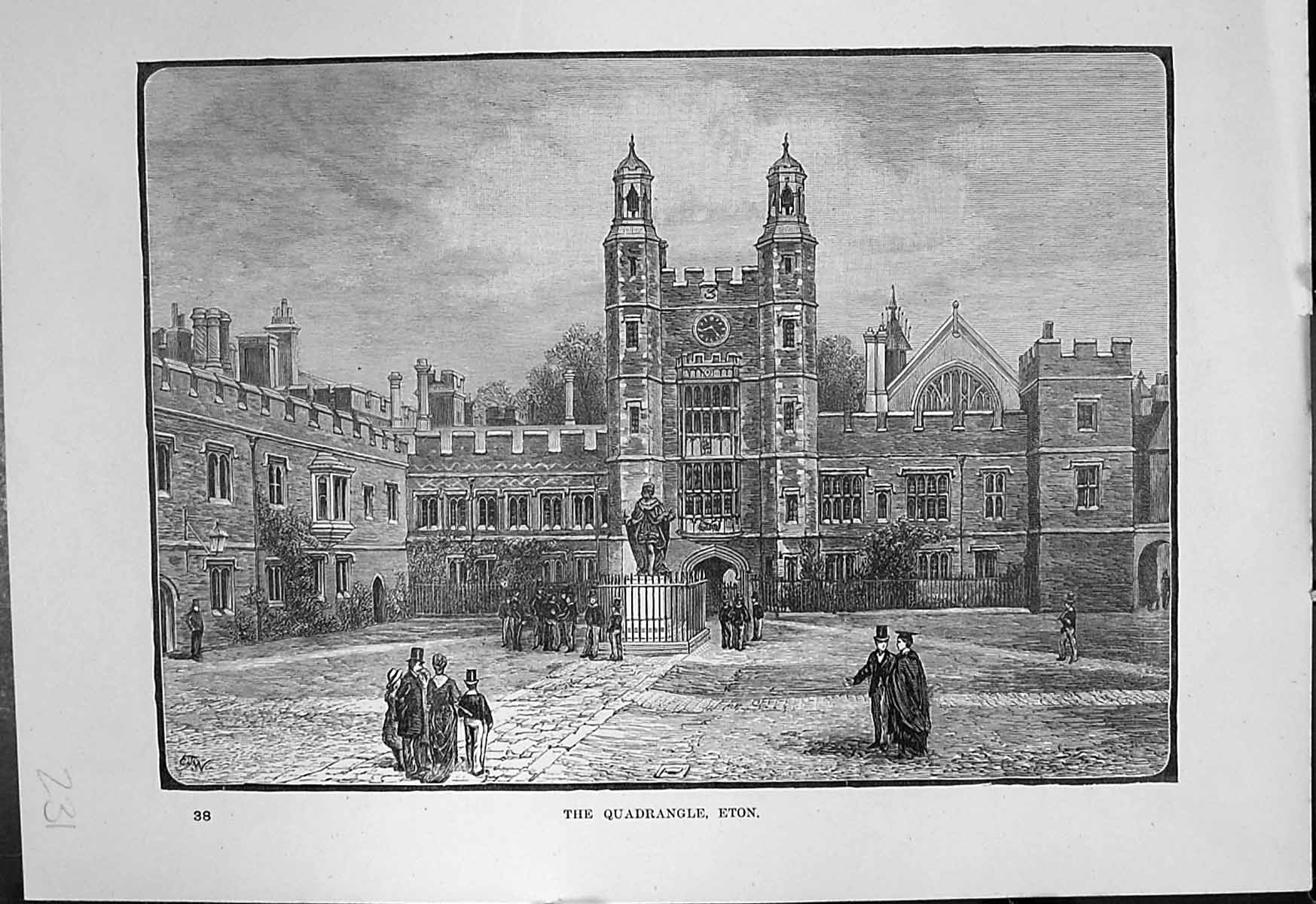 Original Old Antique Print Quadrangle Eton