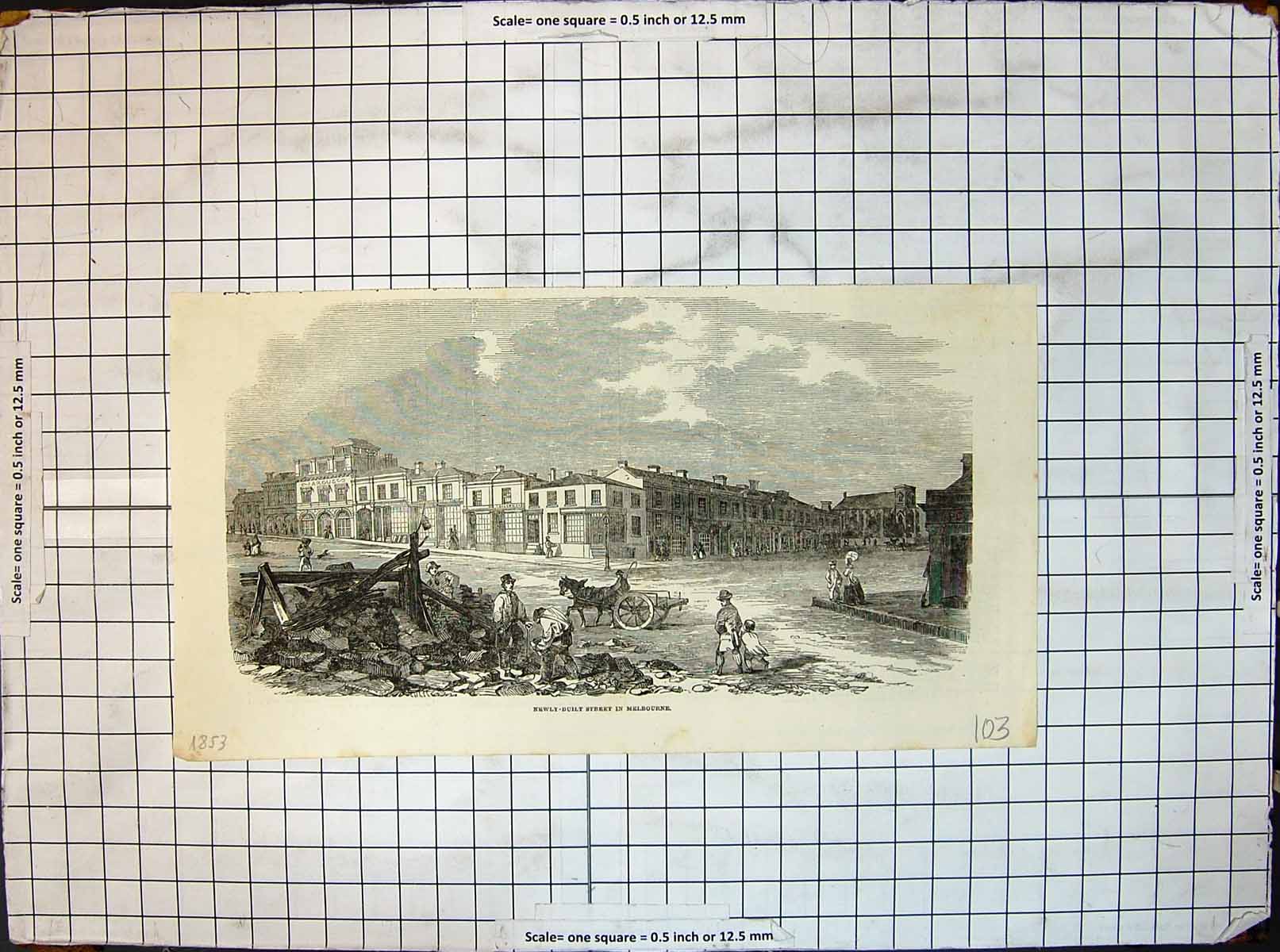 Original Old Antique Print Newly Built Street Melbourne 1853 19th
