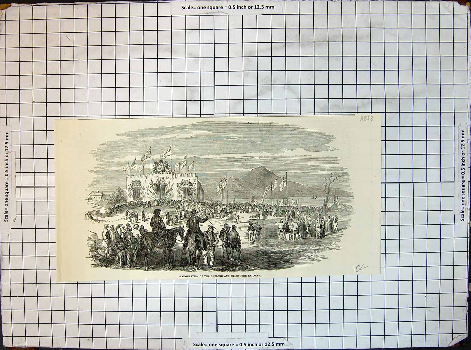 Old Antique Print Inauguration Geelong Melbourne Railway Australia 1853 19th