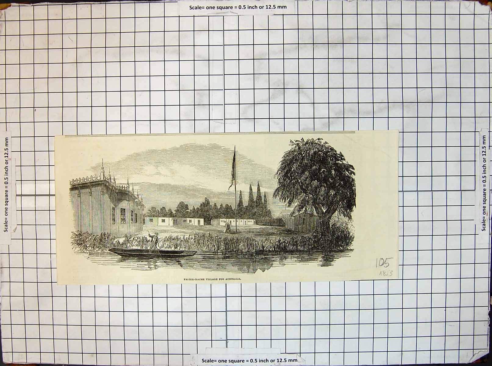 Original Old Antique Print Papier Mache Village For Australia Boat River 1853