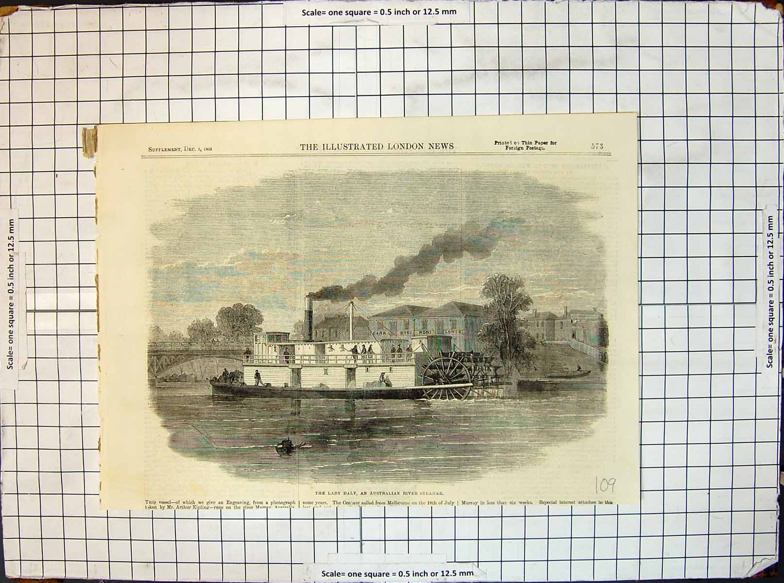 Original Old Antique Print Lady Daly Australian River Steamer 1863 Victorian