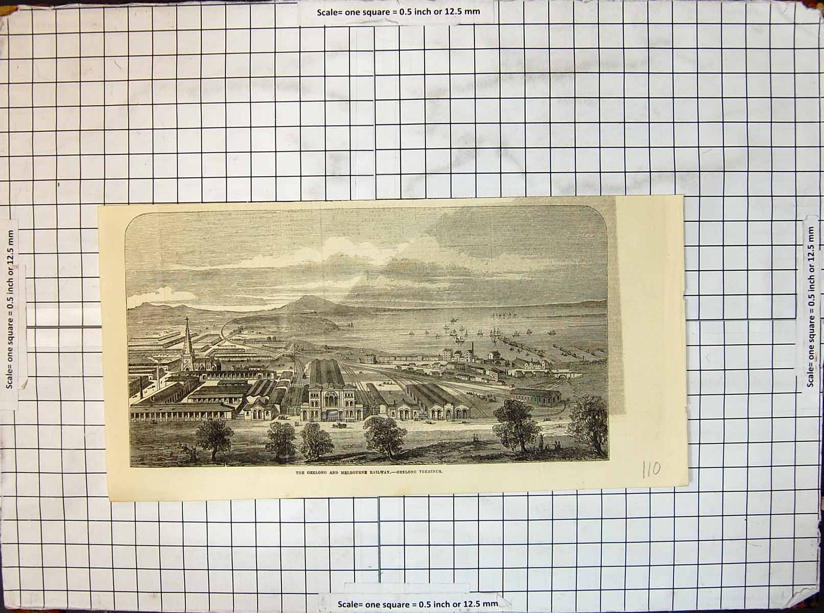 Original Old Antique Print Geelong Melbourne Railway Geelong Terminus