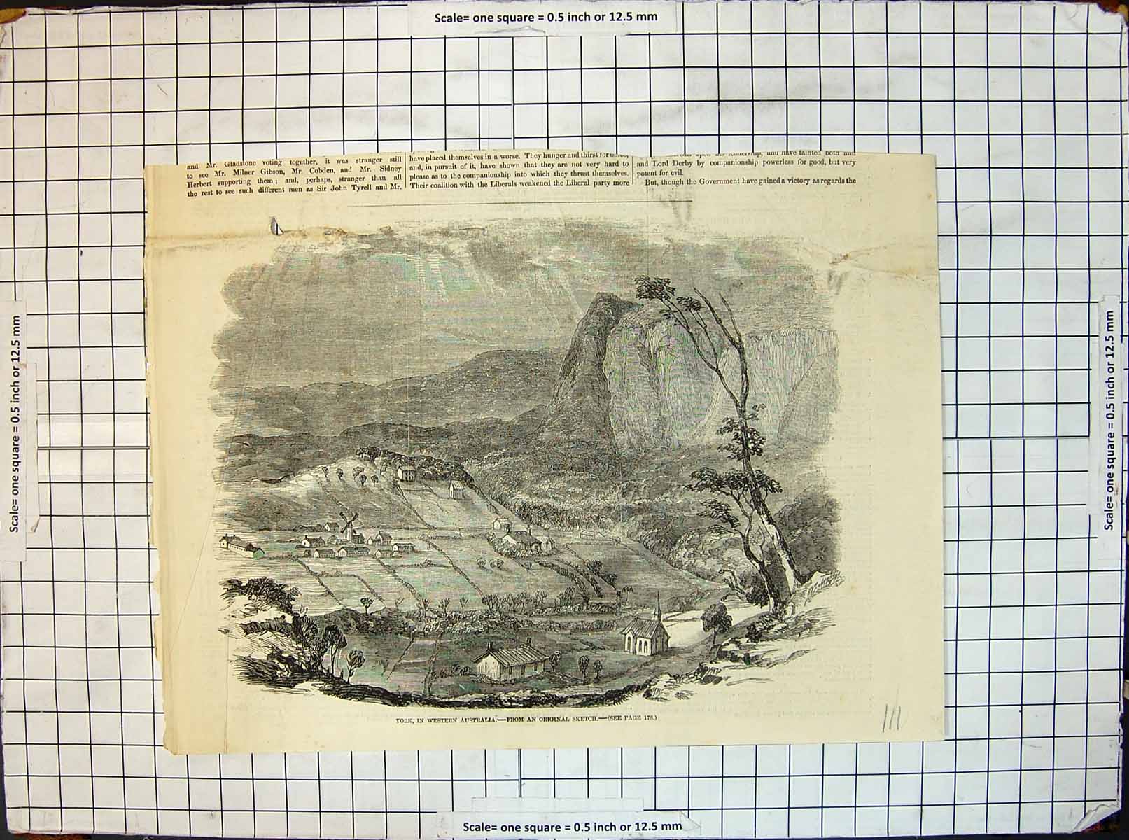 Original Old Antique Print York Western Australia Church Mountain Houses