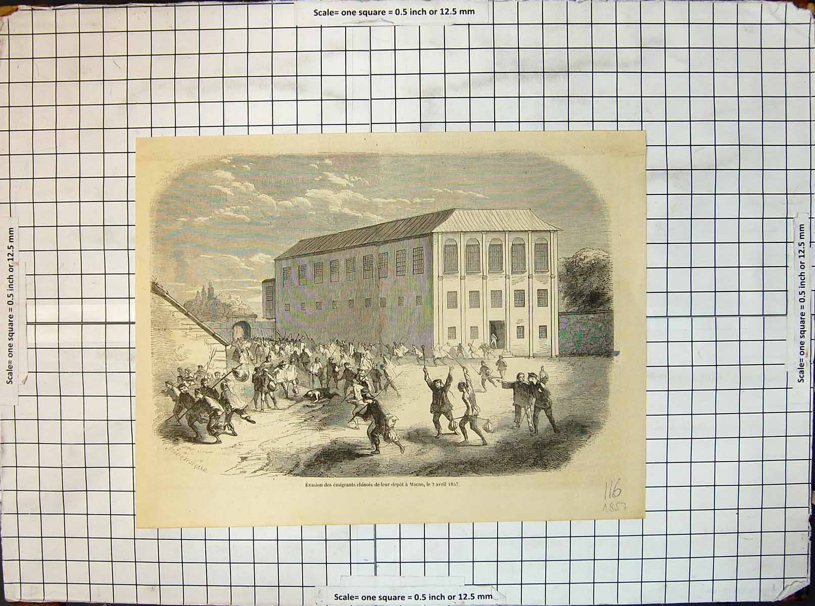 Original Old Antique Print Escape Chinese Emigrants Depot MacaoApril 1857