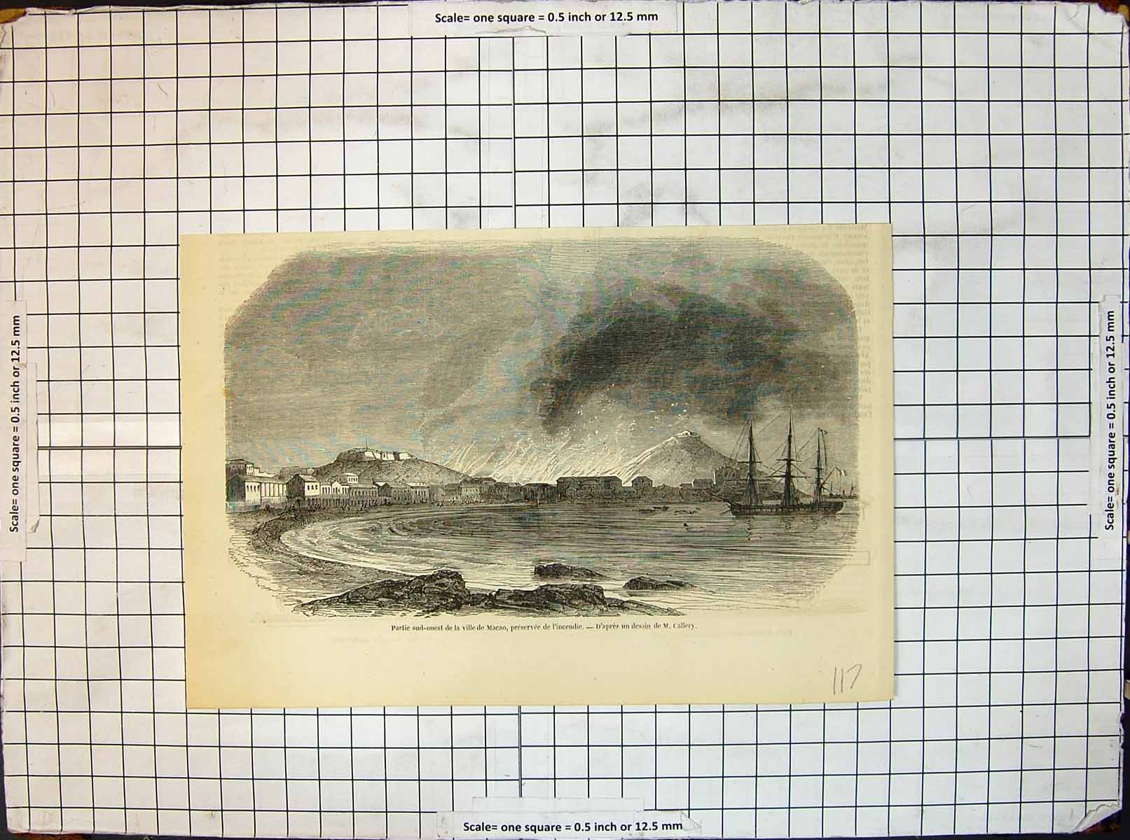 Original Old Antique Print Part South East Town Macao Preserved Fire M Callery