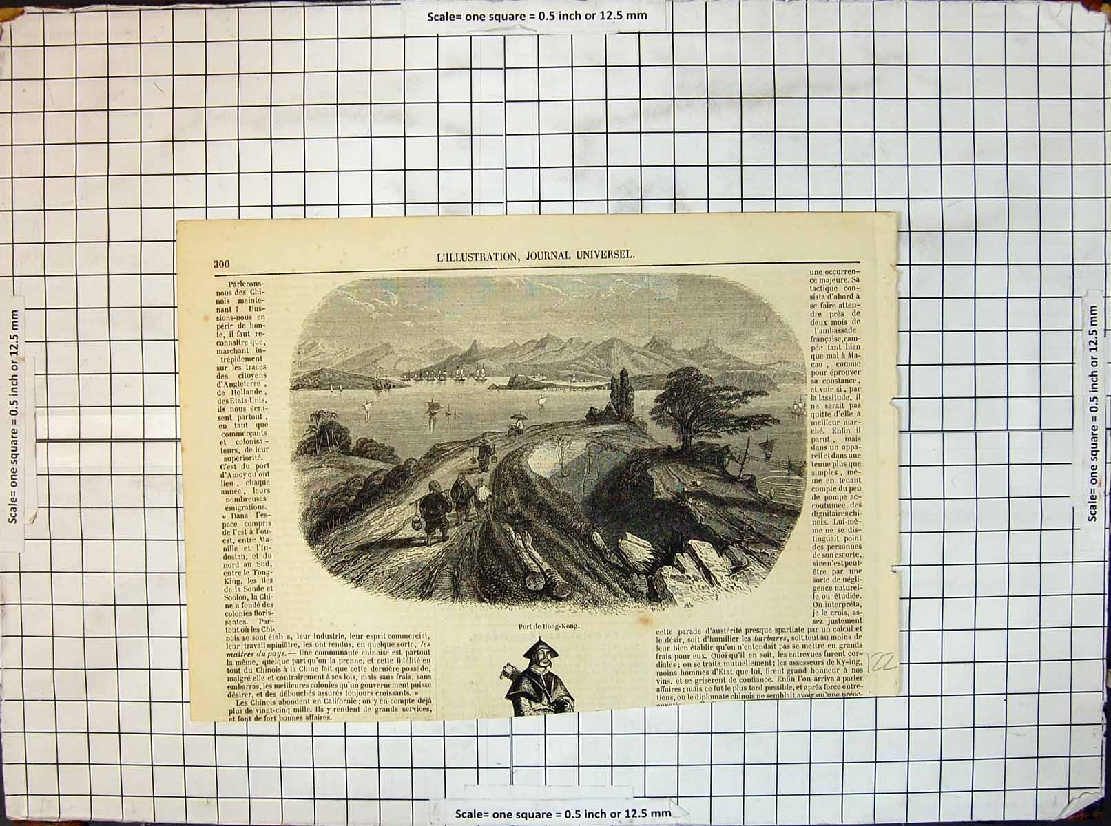 Antique Old Print Port Hong Kong Ships Bay Chinese Men Work Logs Mountains