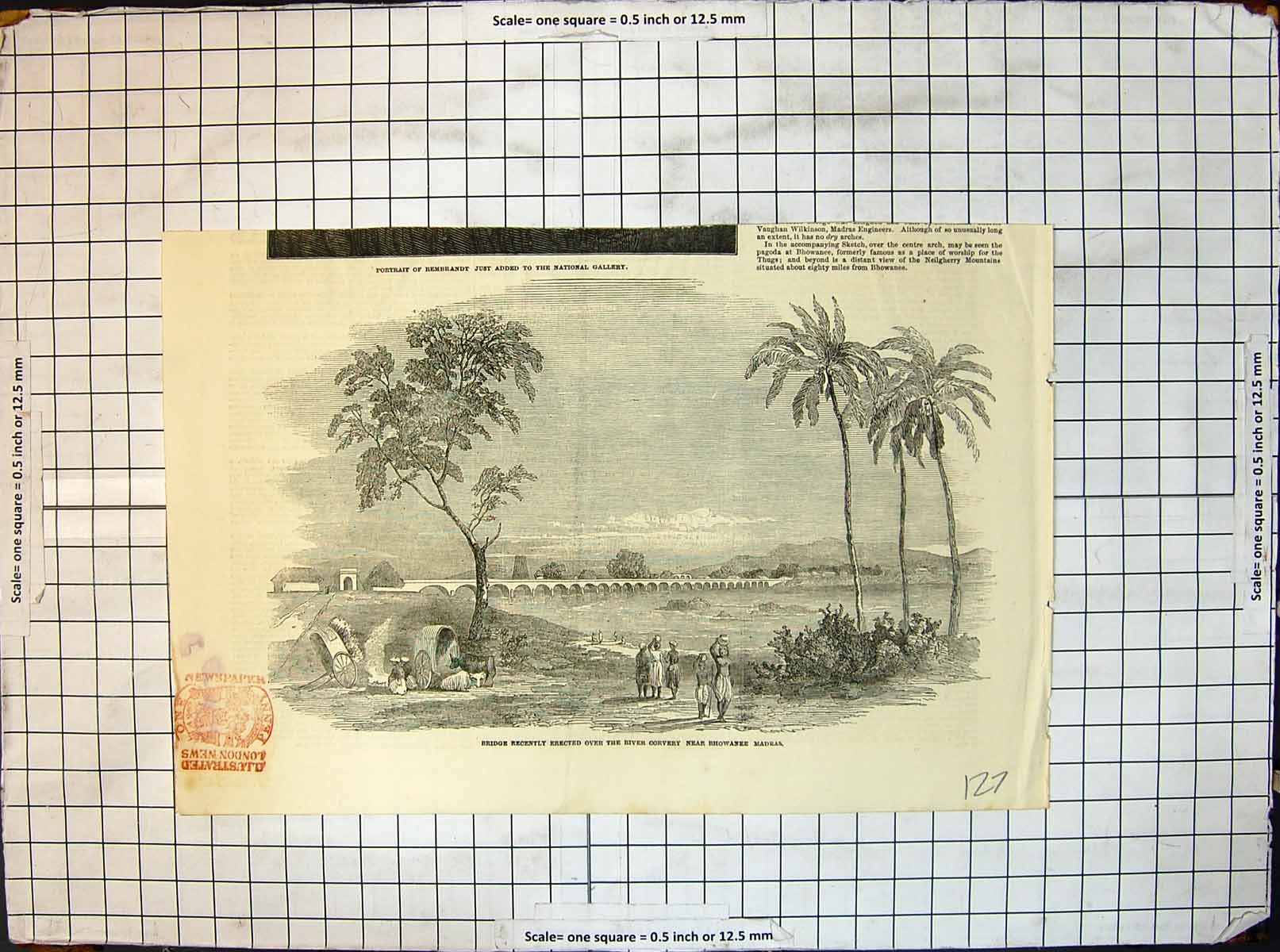 Antique Old Print Bridge Recently Erected Over River Corvery Bhowanee Madras