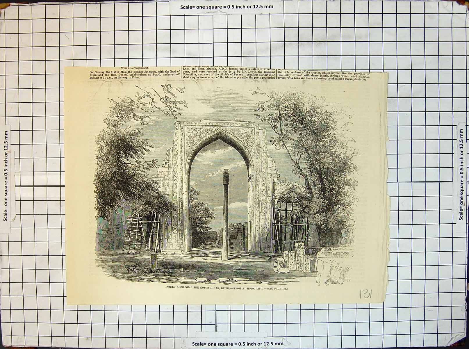 Original Old Antique Print Ruined Arch Near Kotub Minar Delhi