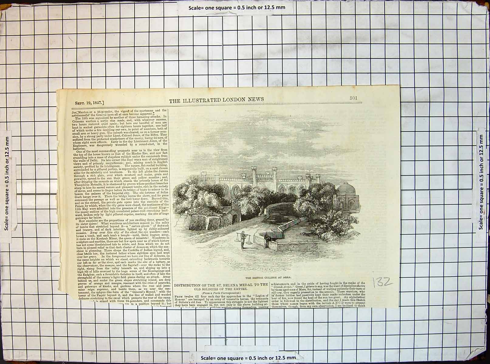Original Old Antique Print British College Agra Surrounded Trees 1857 Victorian