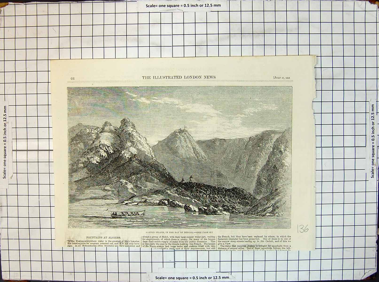 Original Old Antique Print Barren Island Bay Bengal Mountains Flag Flying 1858