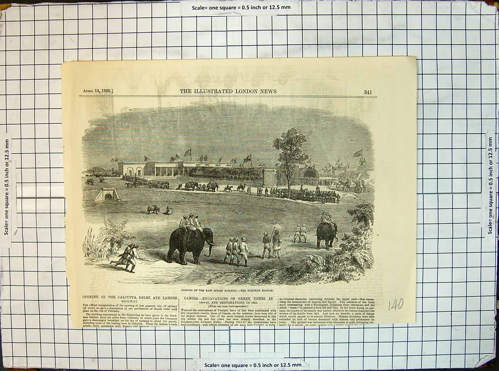 Antique Old Print Opening East Indian Railway Burdwan Station Elephants 1855