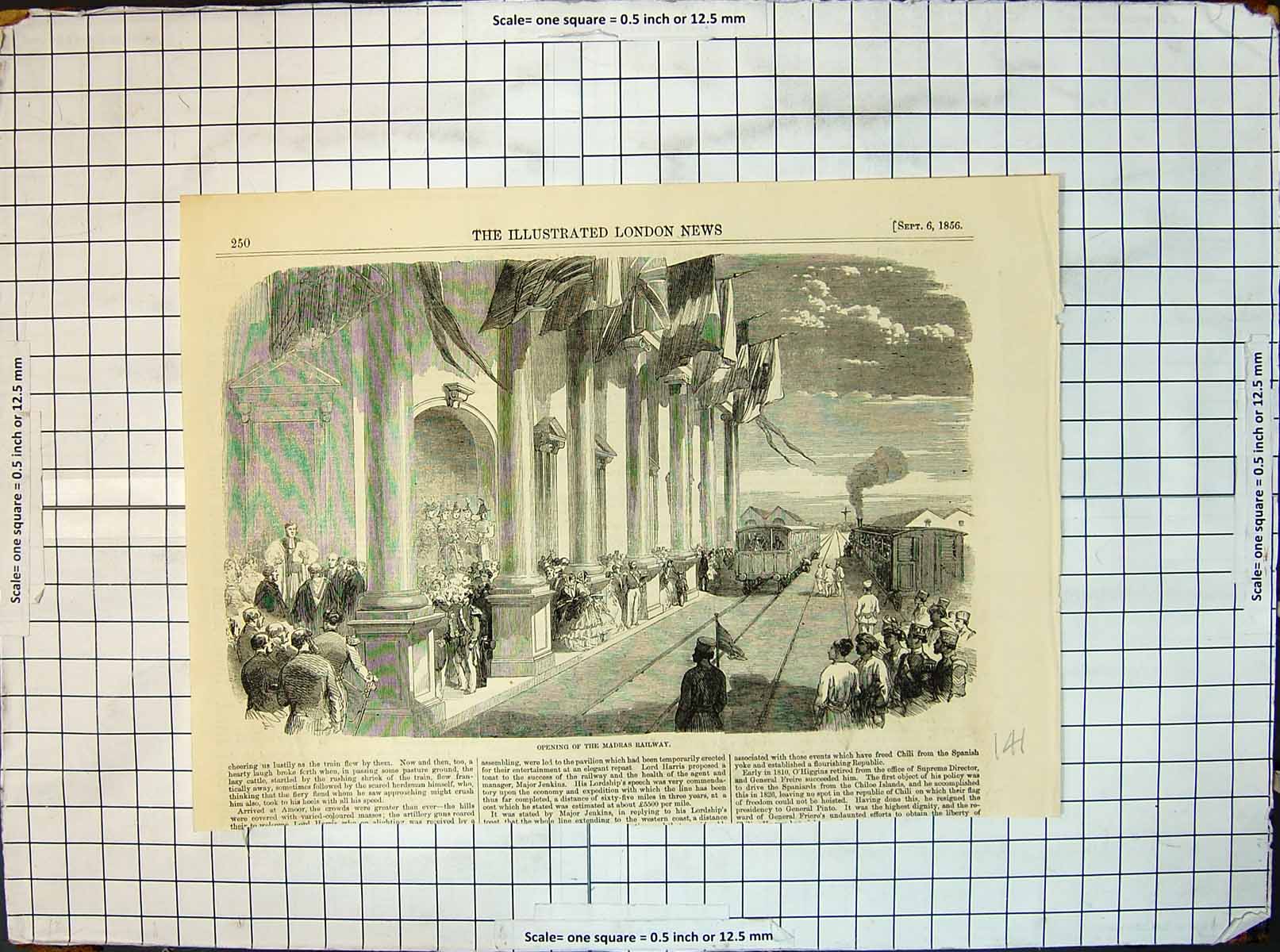 Old Antique Print Opening Madras Railway Train Station Flags Flying 1856 19th