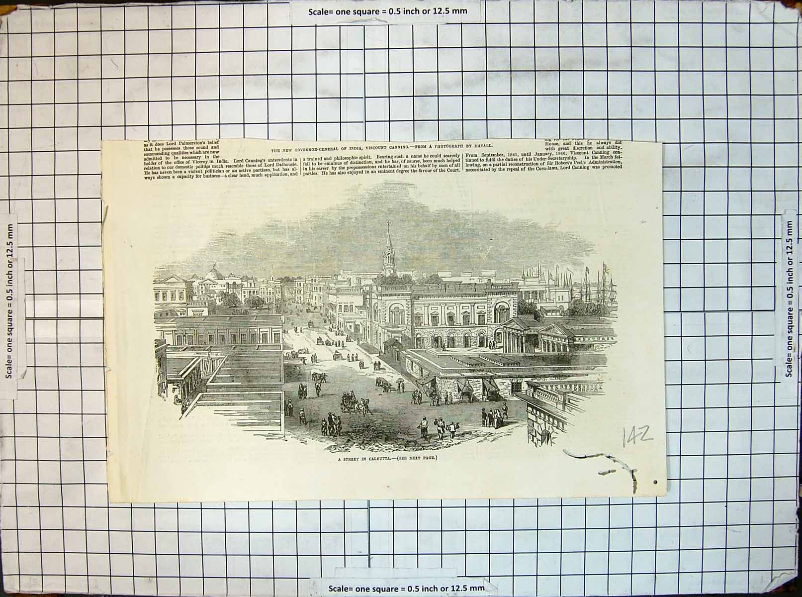 Original Old Antique Print Strret Calcutta Large Buildings Horse Carriage
