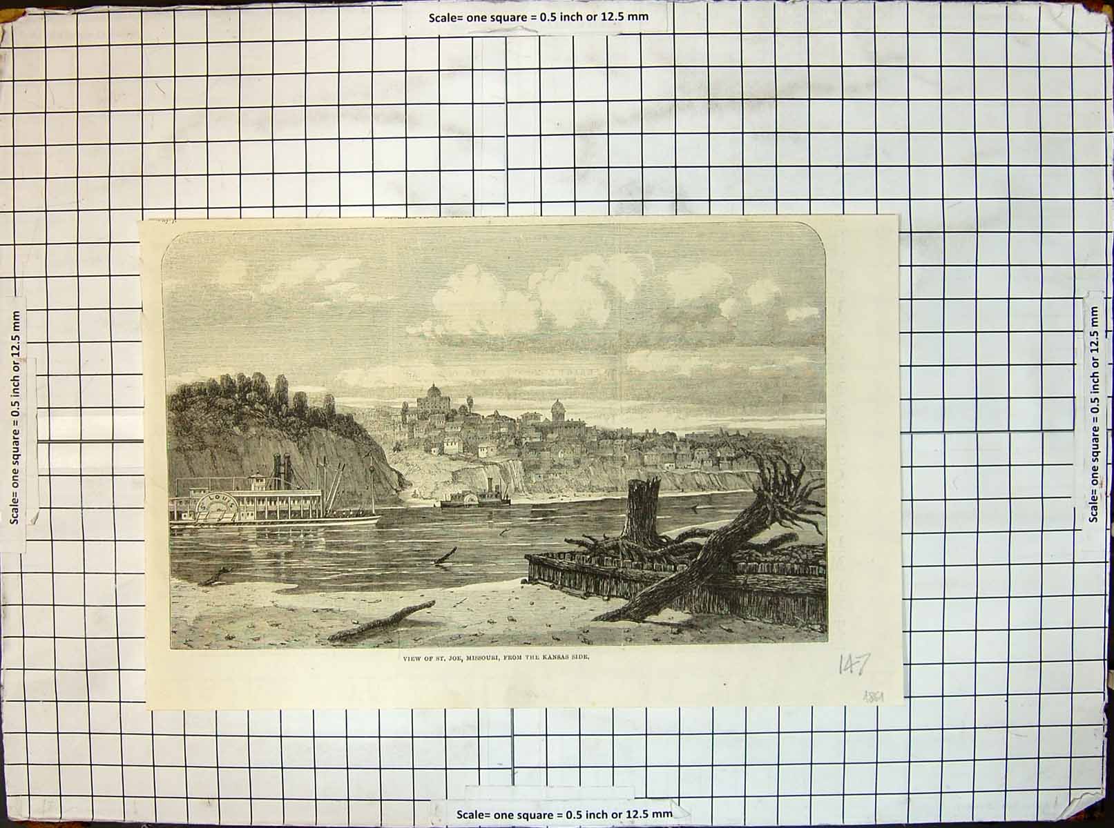 Original Old Antique Print View St Joe Missouri From Kansas Side Boats Bay 1861