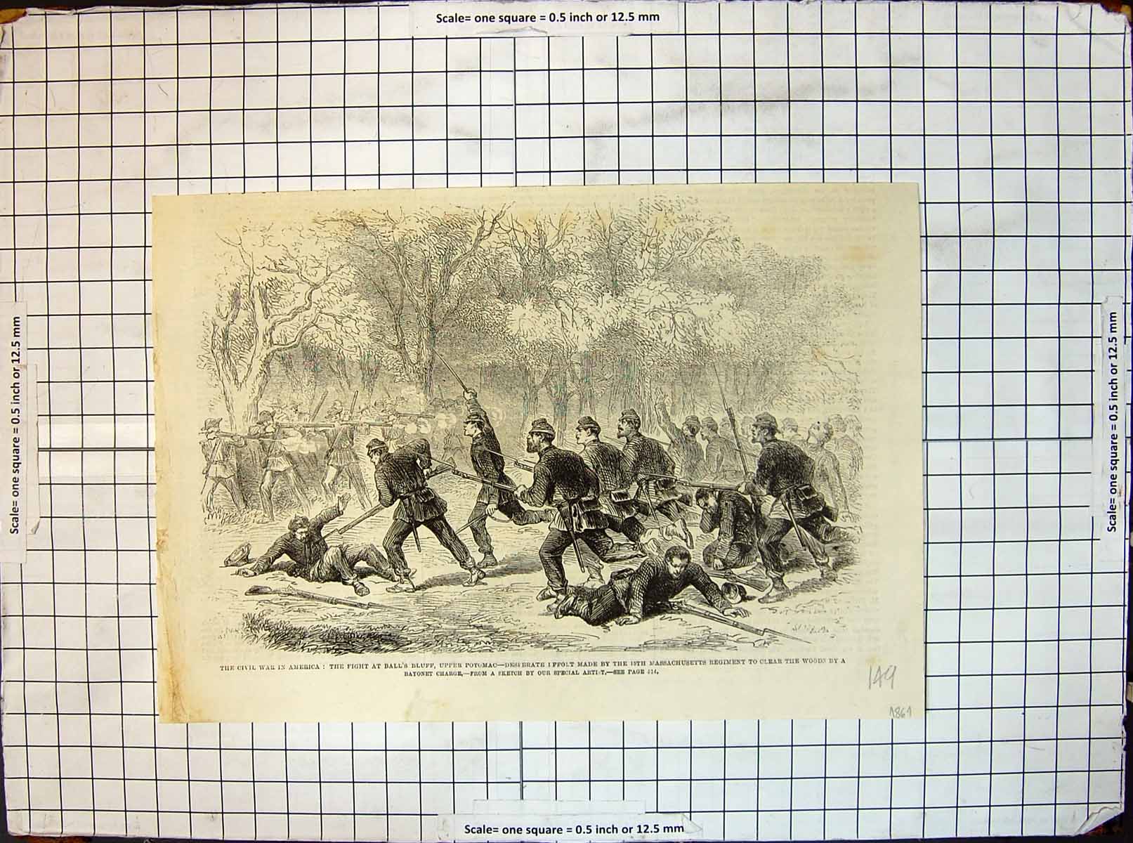 Old Print Fight Balls Bluff Potomac Massachusetts Regiment Bayonet Charge