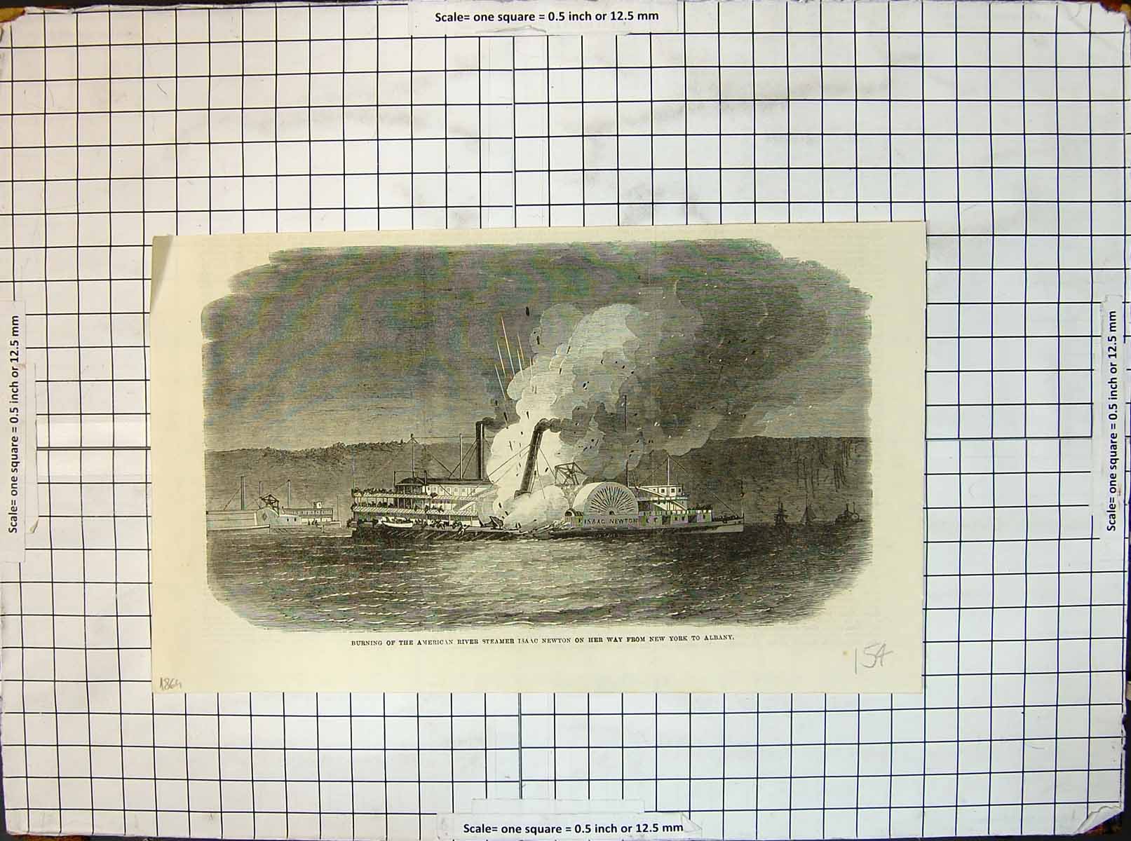 Old Burning American River Steamer Isaac Newton New York Albany 1865 Victorian