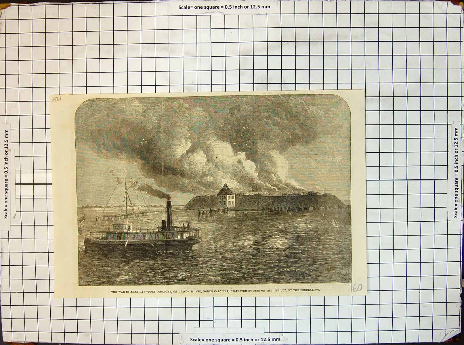 Antique Print Fort Ocracoke Beacon Island N Carolina Fire Federalists 1861 19th