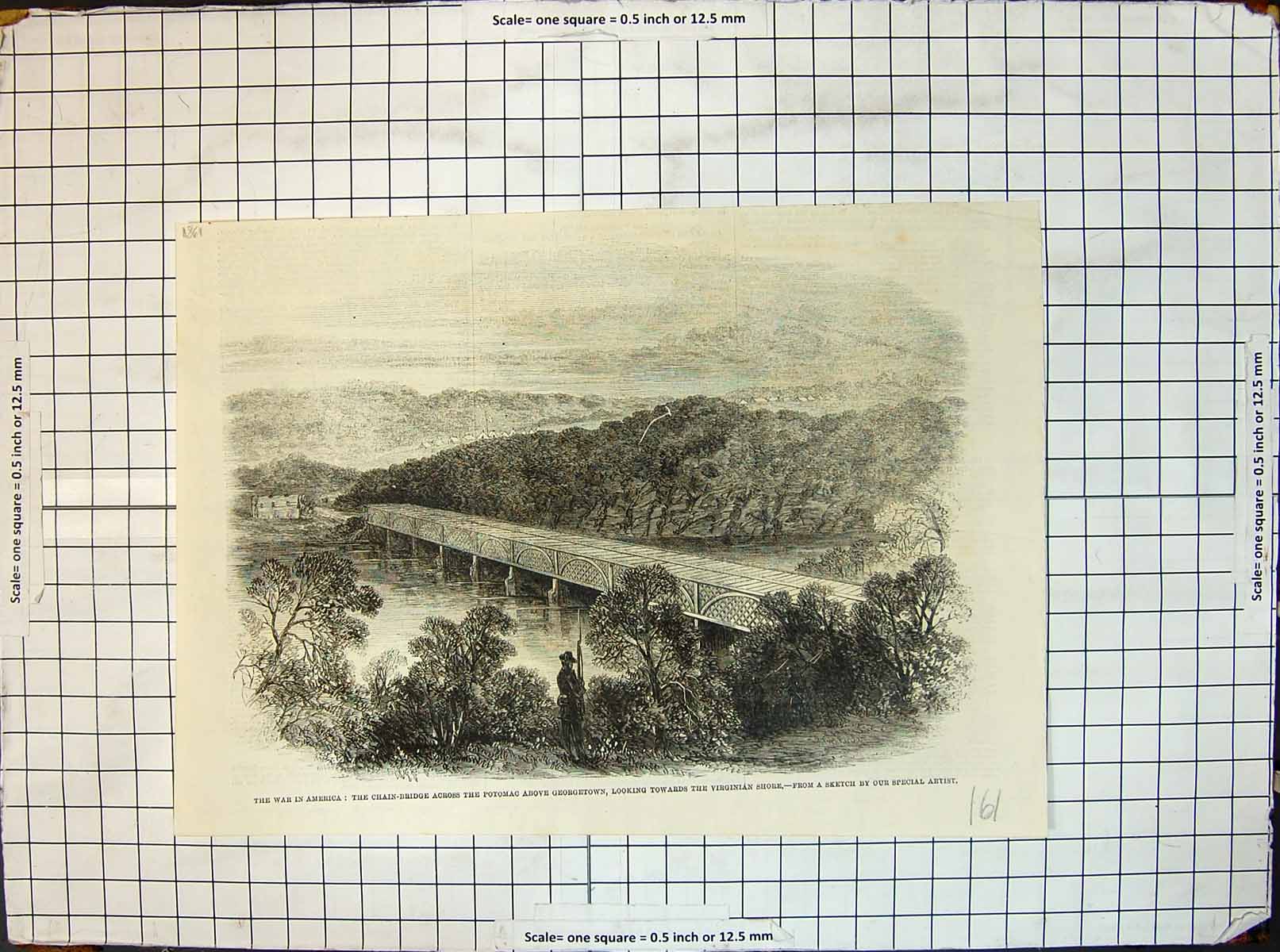 Antique Old Print War America Bridge Potomac Georgetown Virginian Shore 1861