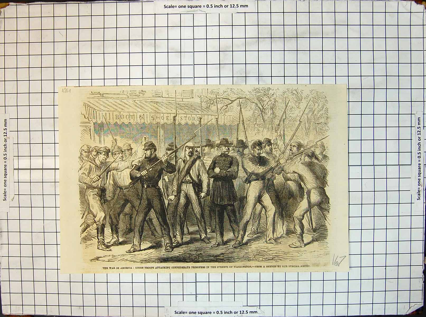 Antique Old Print Union Troops Attacking Civil War Prisoners Washington 1861