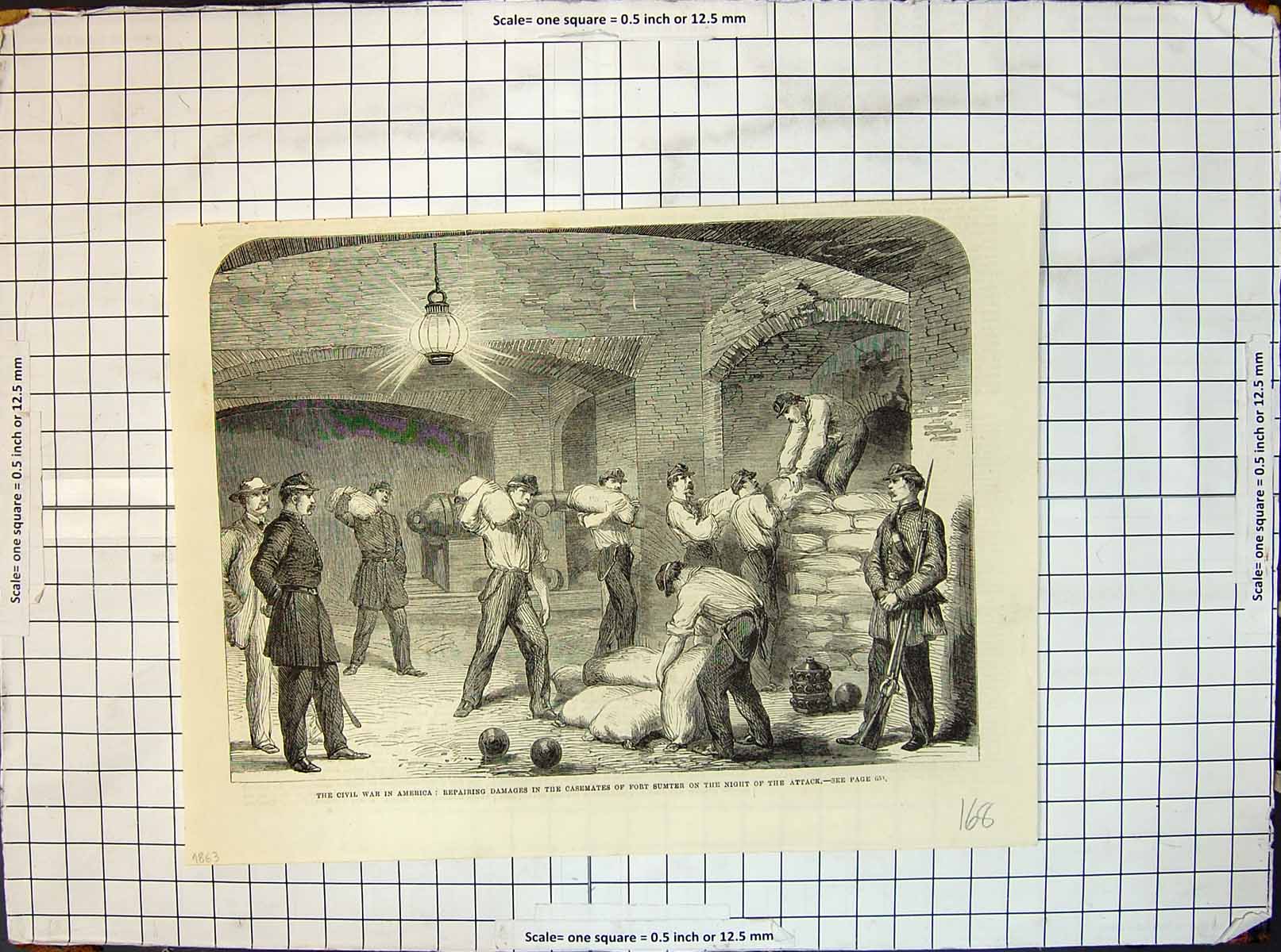 Old Print War America Repairing Damages Casemates Fort Sumter Attack 1863 19th