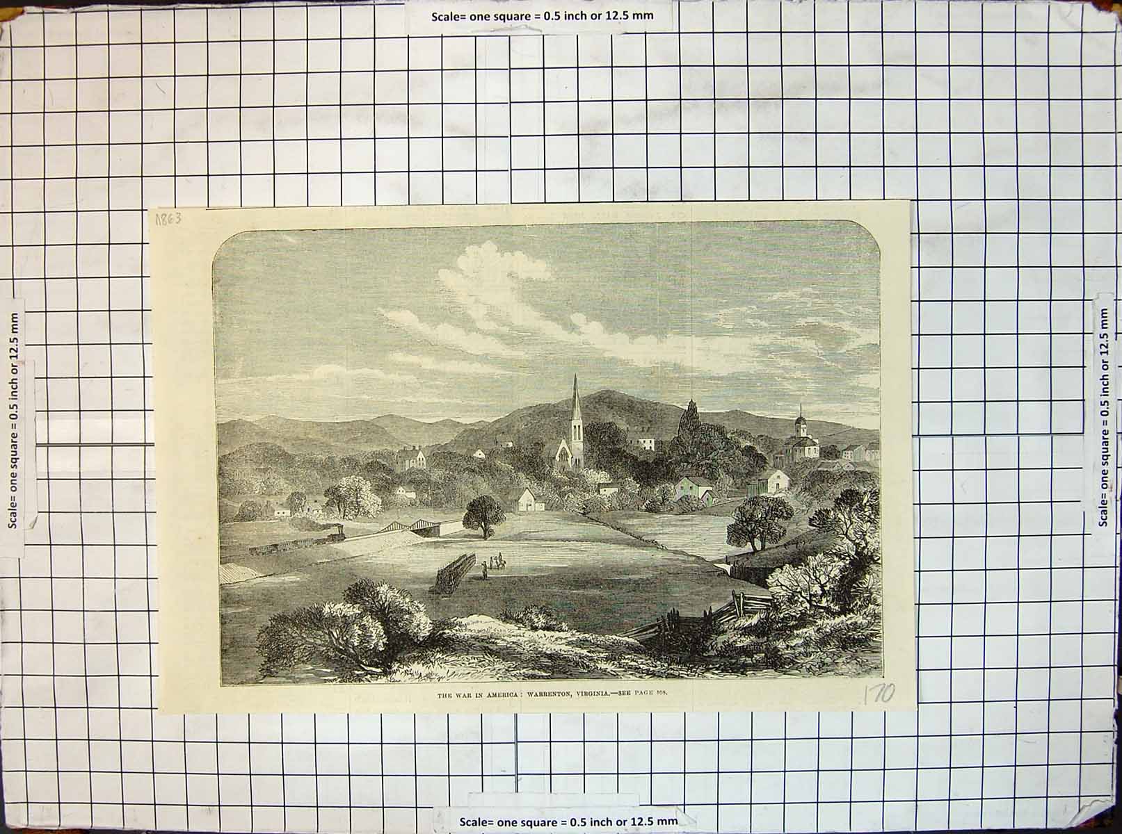 Antique Old Print War America Warrenton Virginia Railway Houses Church 1863