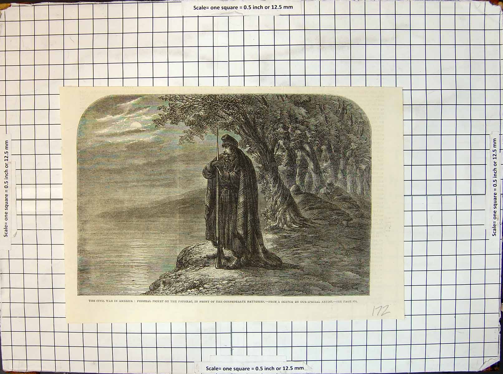 Original Old Antique Print Civil War America Federal Picket Potomac Batteries