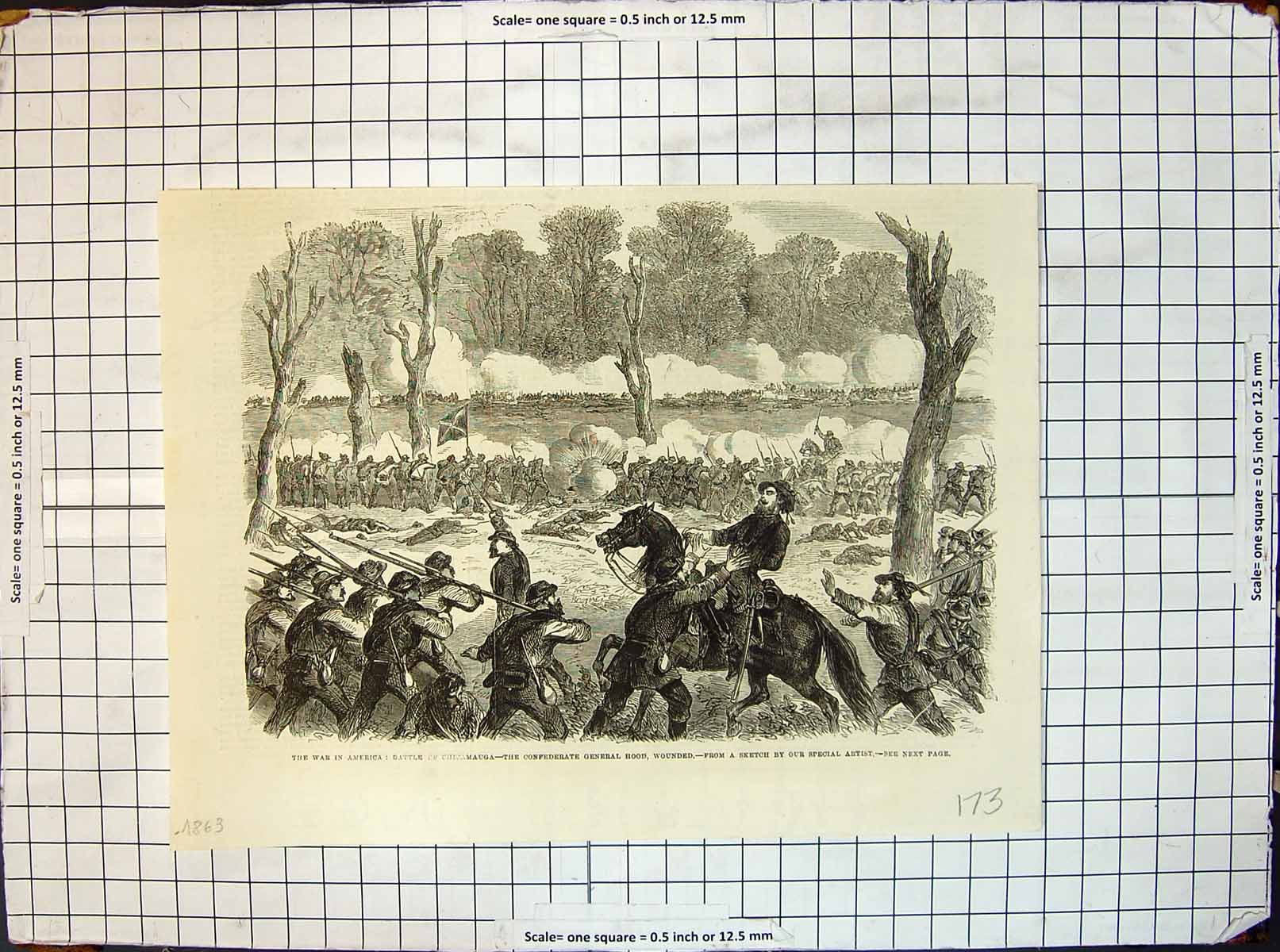 Antique Print War America Battle Chicamauga Civil War Gen Hood Wounded1863 19th
