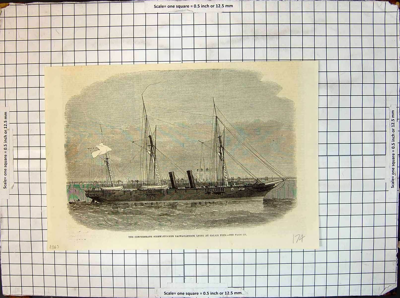 Antique Old Print Civil War Screw Steamer Rappahannock Lying Calais Pier 1863
