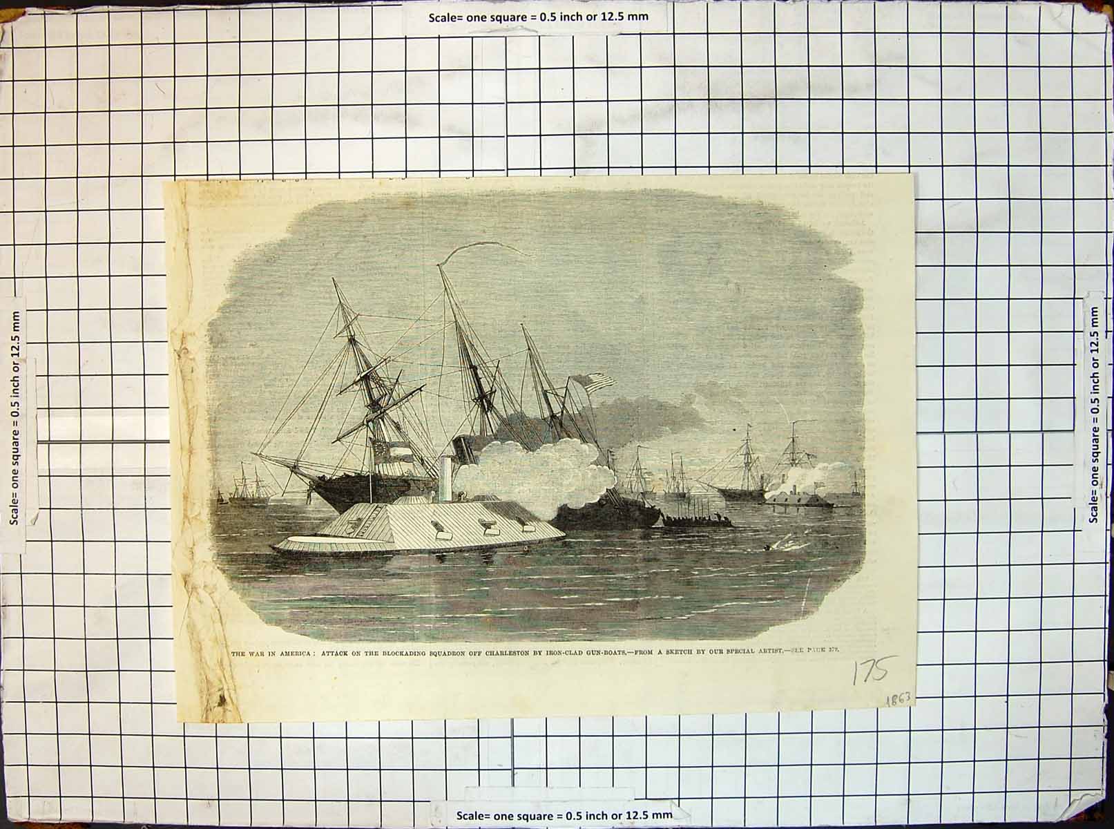 Old War America Attack Blockading Squadron Charleston Gun Boats 1863 Victorian