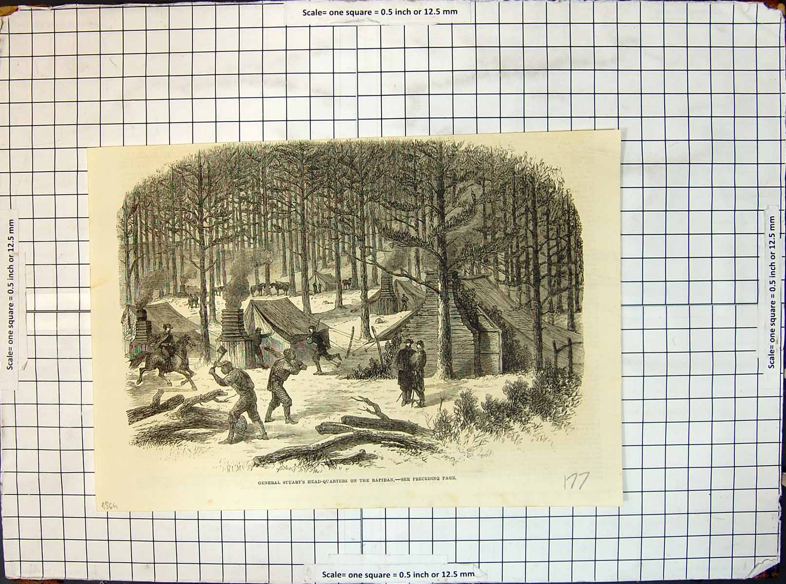 Original Old Antique Print General Stuarts Head Quarters Rapidan 1865 Victorian
